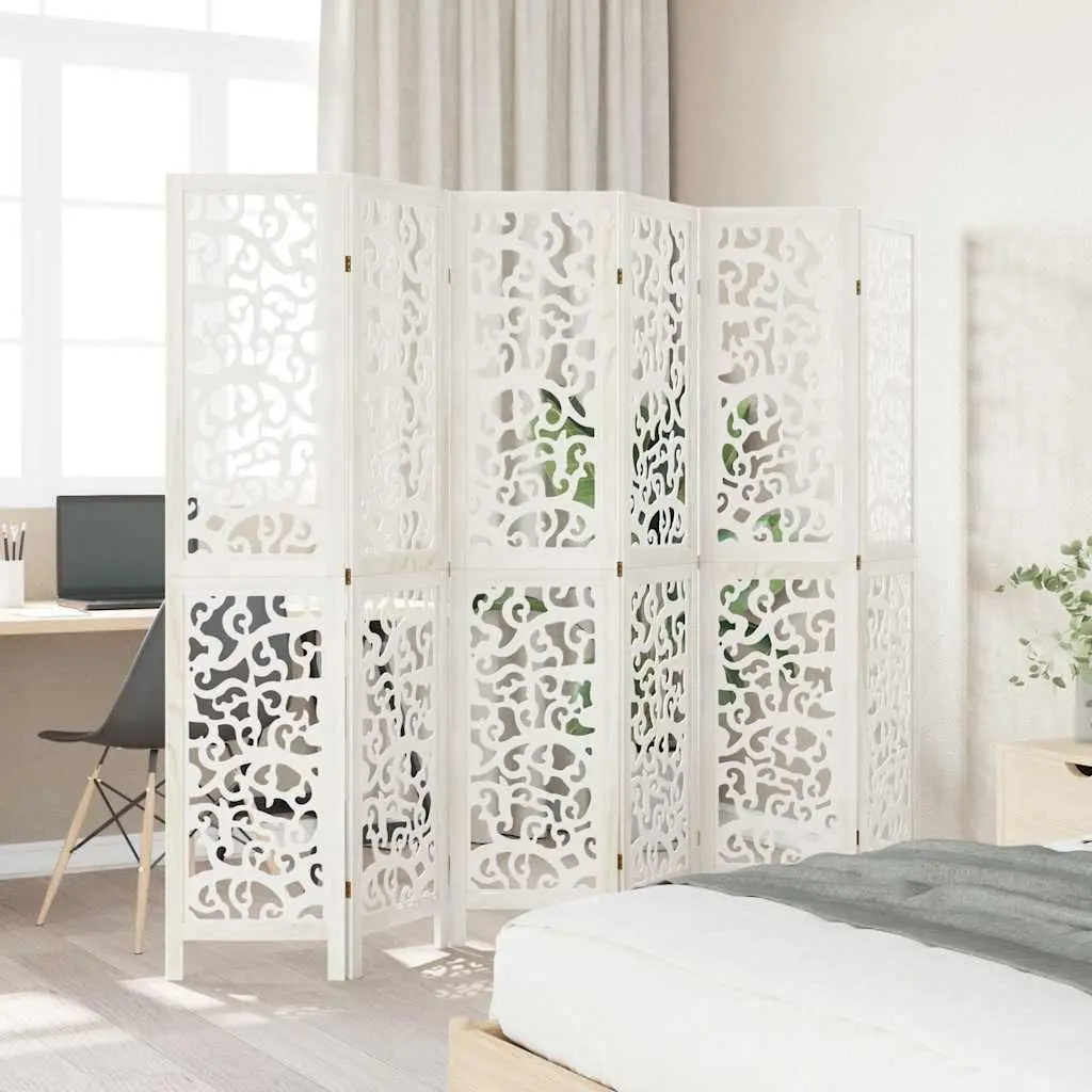 Room Divider Folding Privacy Screen 6 Panels White Paulownia Wood Indoor