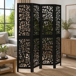 4 Panel Room Divider Black Solid Wood Paulownia Folding Privacy Screen Partition