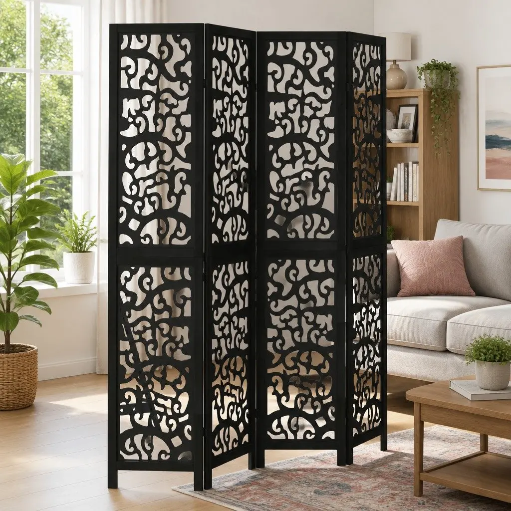 Folding Privacy Screen Solid Wood 4 Panels Black Indoor Room Divider Paulownia