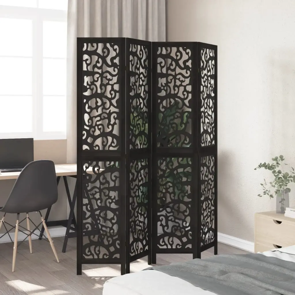 Folding Privacy Screen Solid Wood 4 Panels Black Indoor Room Divider Paulownia
