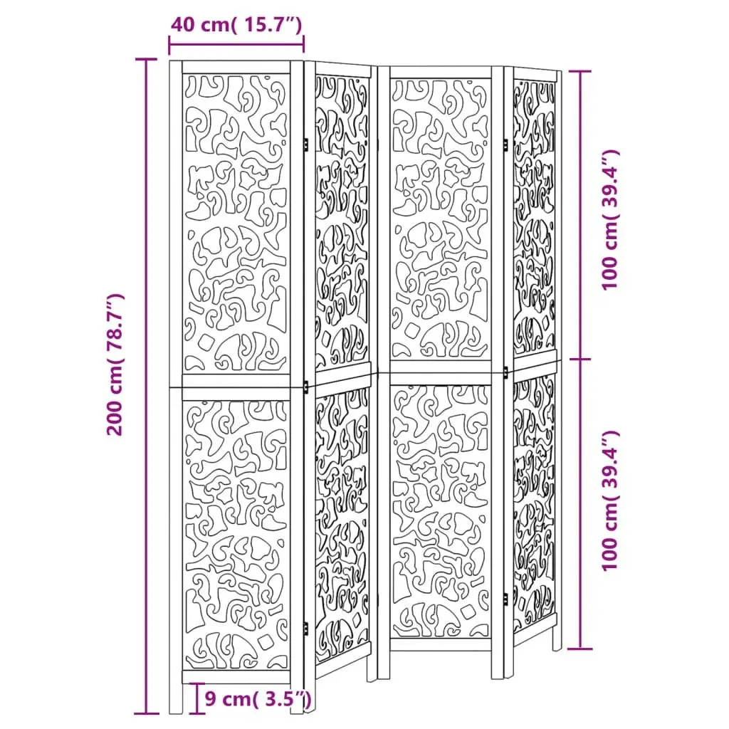 Folding Privacy Screen Solid Wood 4 Panels Black Indoor Room Divider Paulownia