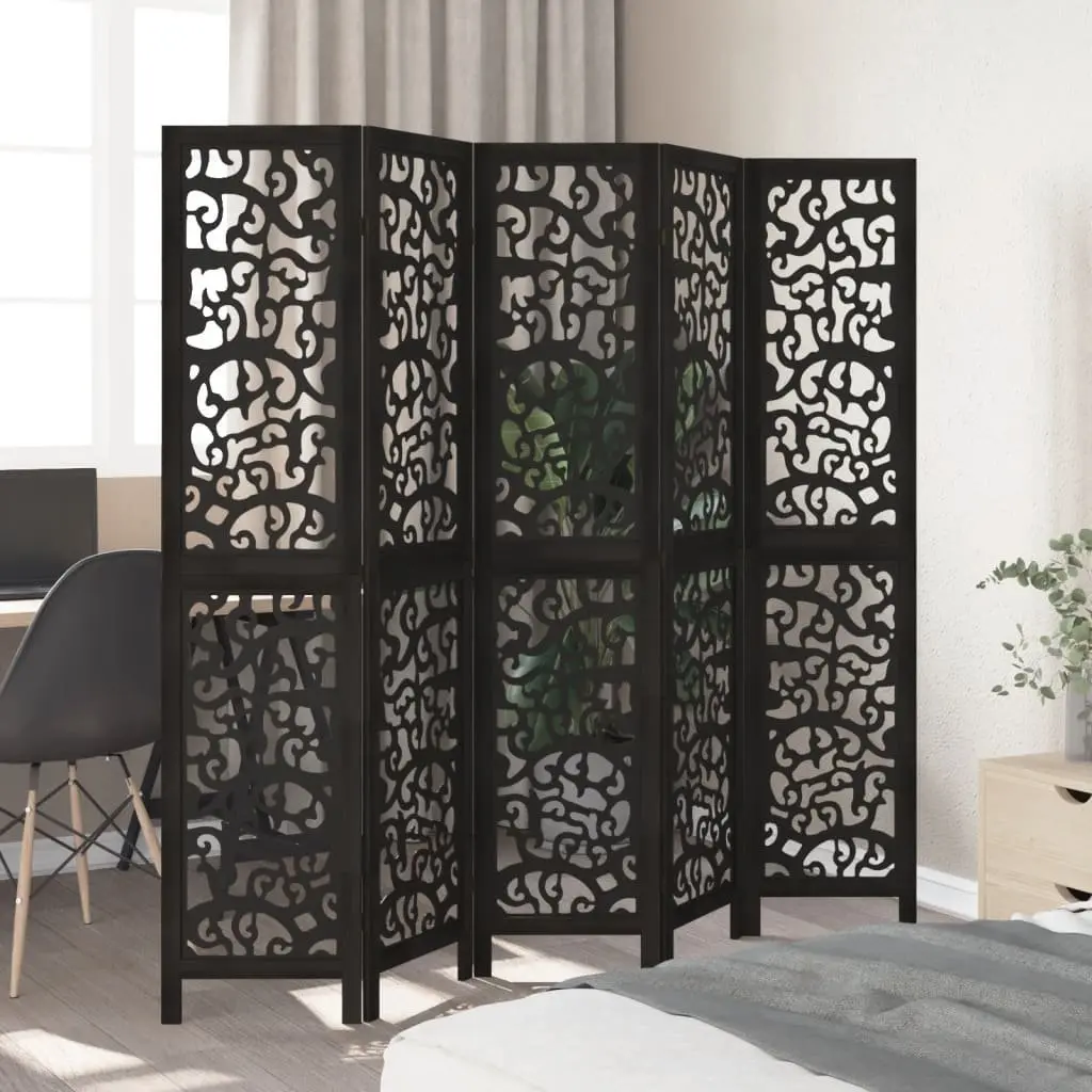 5 Panel Room Divider Folding Privacy Screen Black Paulownia Wood Indoor Partition