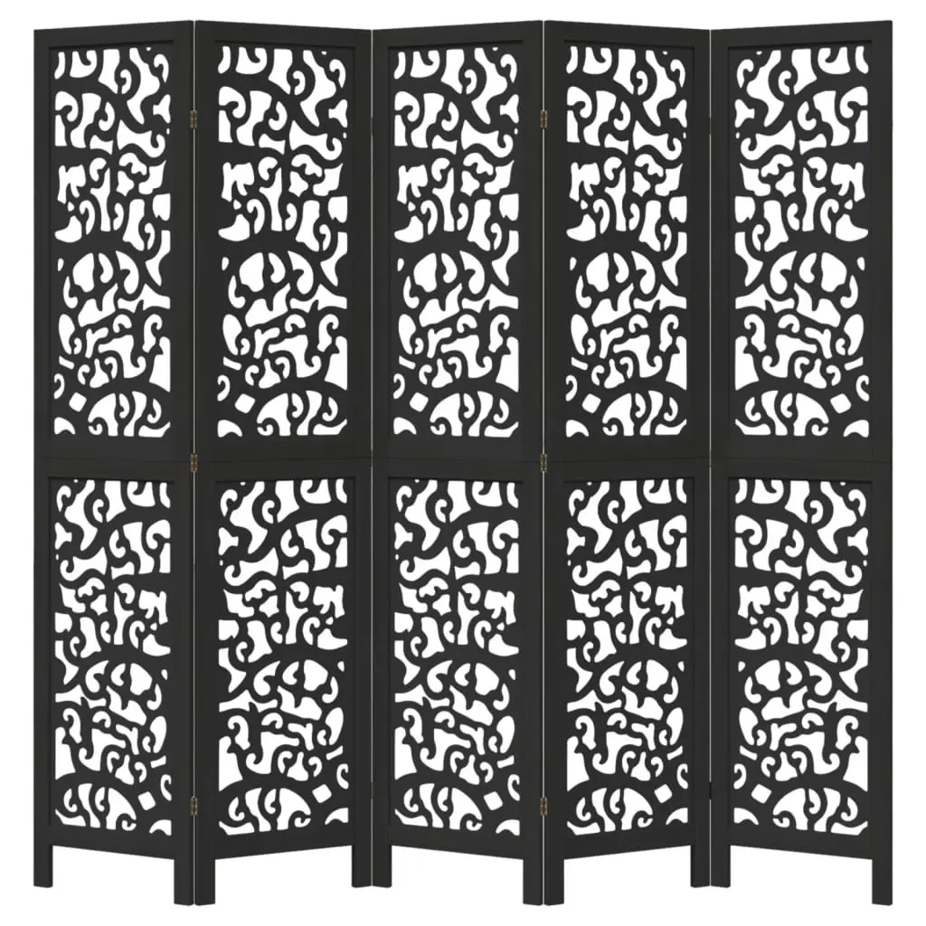 5 Panel Room Divider Folding Privacy Screen Black Paulownia Wood Indoor Partition