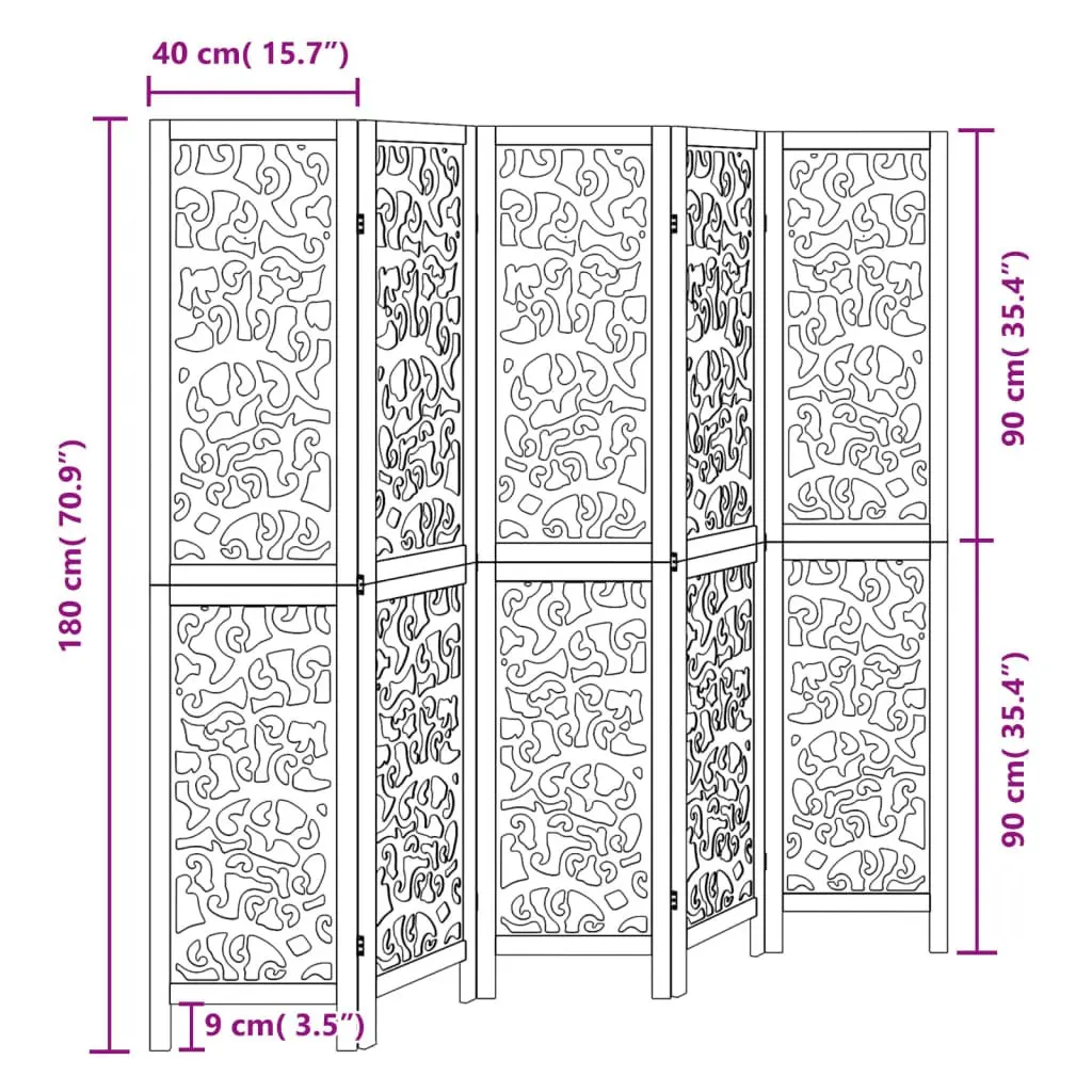 5 Panel Room Divider Folding Privacy Screen Black Paulownia Wood Indoor Partition