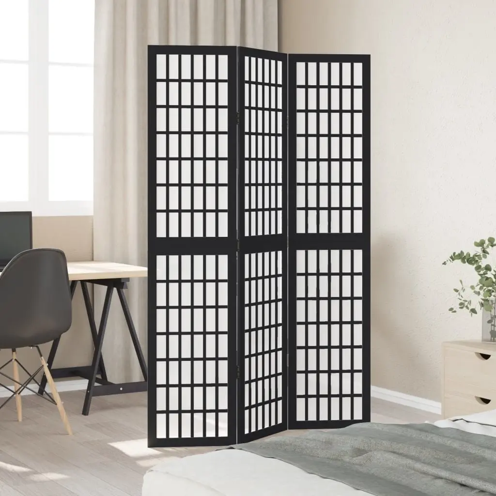 3 Panel Folding Privacy Screen Room Divider Black Engineered Wood Paulownia Wood Frame