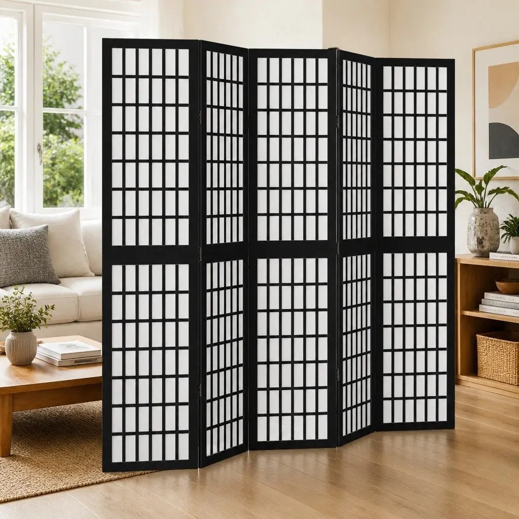 5 Panel Folding Screen Room Divider Black Paulownia Wood Privacy Partition