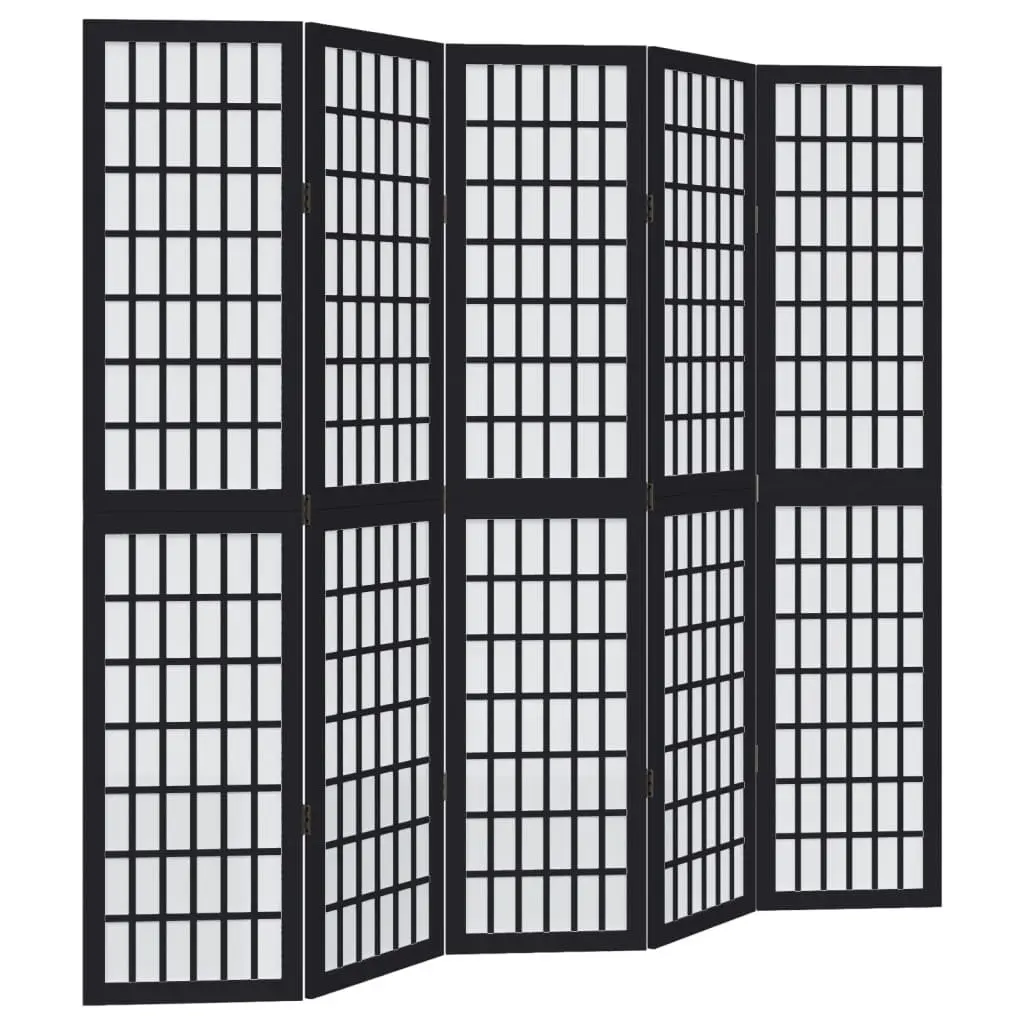 5 Panel Folding Screen Room Divider Black Paulownia Wood Privacy Partition