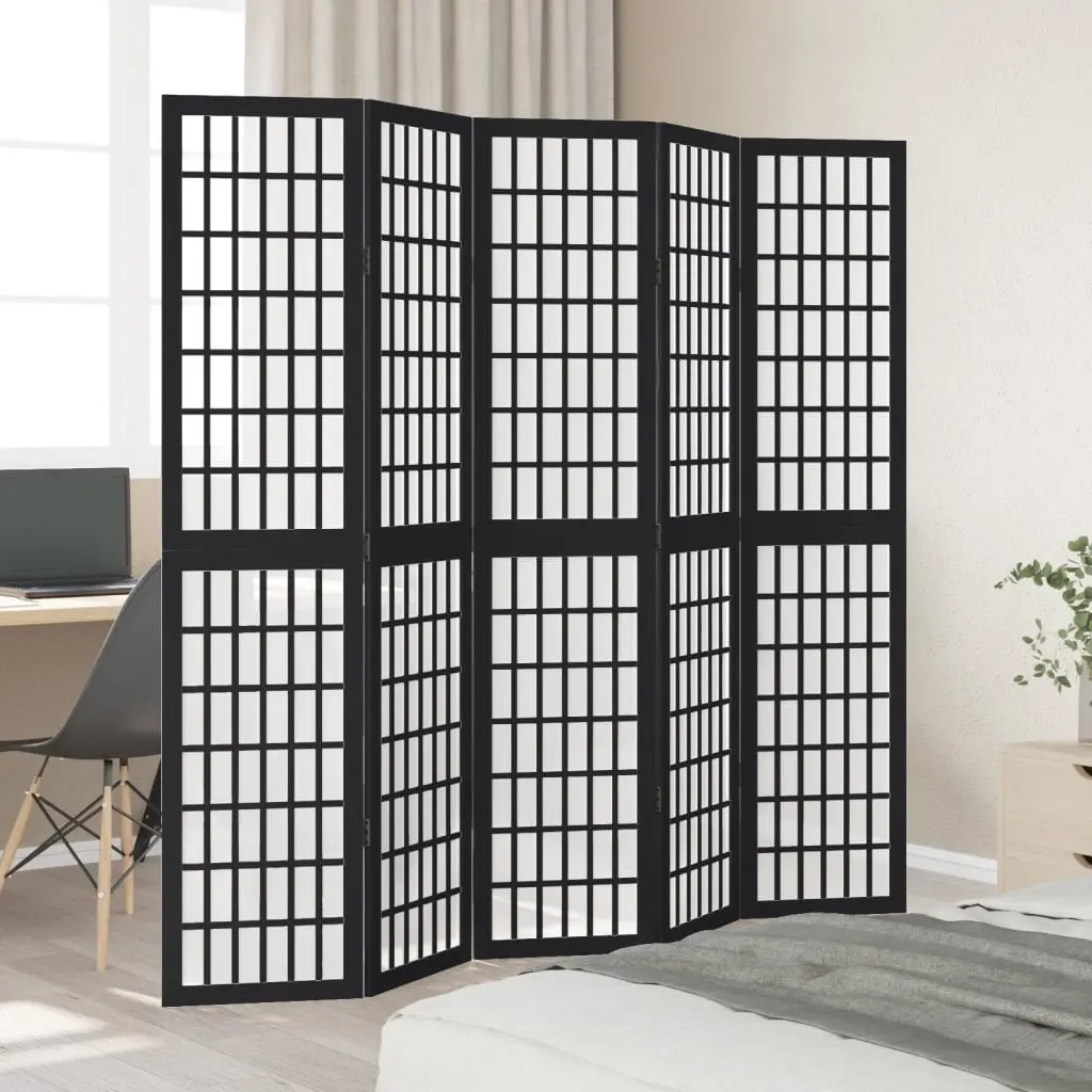 5 Panel Folding Screen Room Divider Black Paulownia Wood Privacy Partition