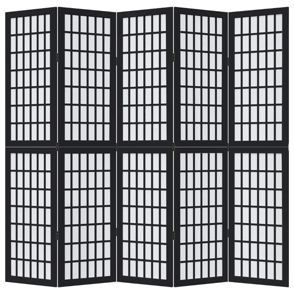 5 Panel Folding Screen Room Divider Black Paulownia Wood Privacy Partition