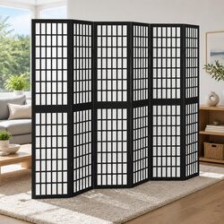 Room Divider 6 Panels Black Folding Privacy Screen Partition Wood Frame Indoor