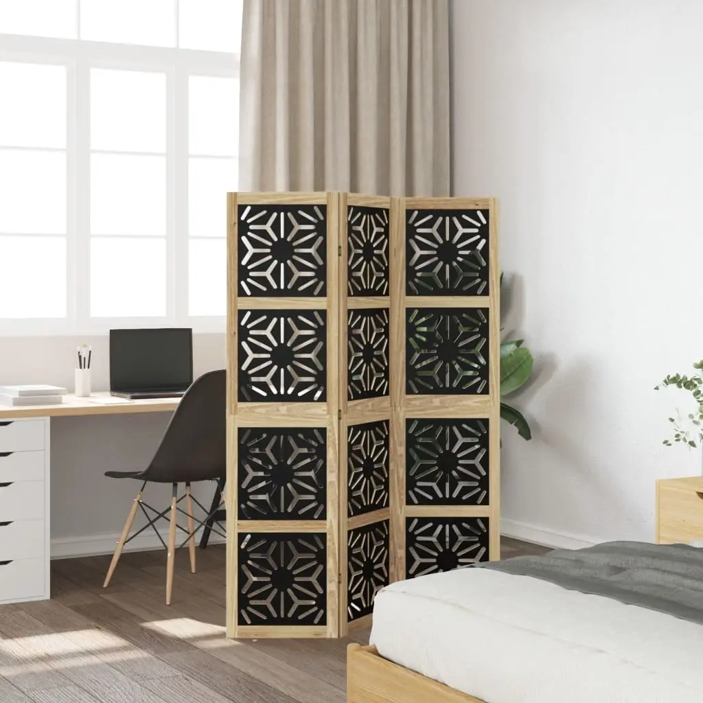 Room Divider Folding Privacy Screen 3 Panels Solid Paulownia Wood Engineered Wood Brown Black