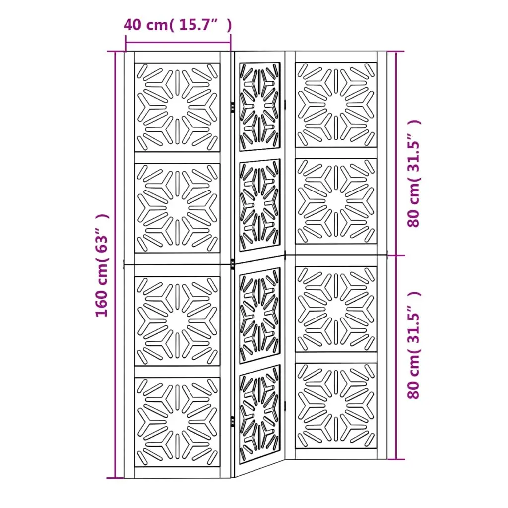 Room Divider Folding Privacy Screen 3 Panels Solid Paulownia Wood Engineered Wood Brown Black