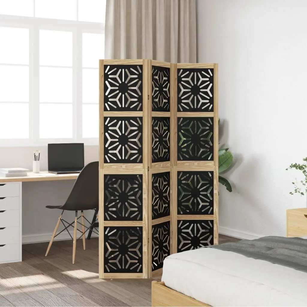 3 Panel Room Divider Folding Privacy Screen Geometric Pattern Brown and Black Paulownia Wood