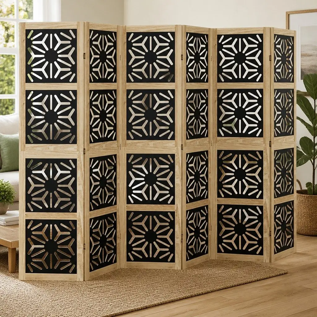 Room Divider Engineered Wood 6 Panel Folding Privacy Screen Brown and Black
