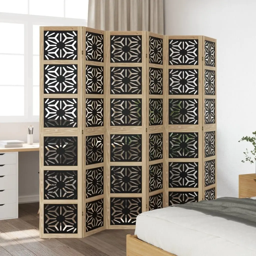 Room Divider 6 Panel Folding Privacy Screen Solid Paulownia Wood Engineered Wood Brown and Black Indoor