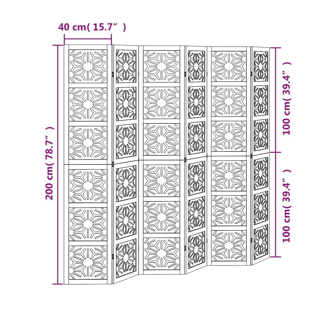 Room Divider 6 Panel Folding Privacy Screen Solid Paulownia Wood Engineered Wood Brown and Black Indoor