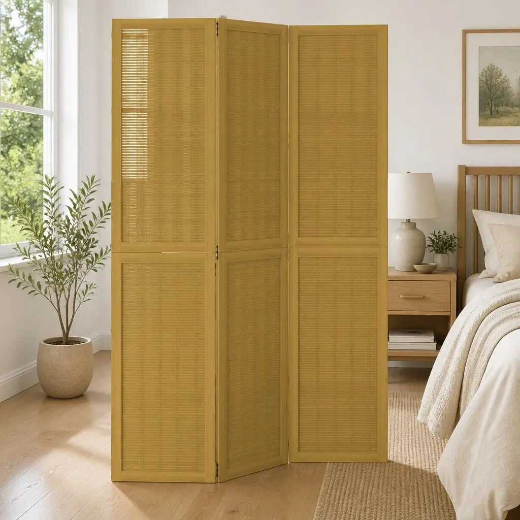 Room Divider 3 Panels Brown Folding Privacy Screen Indoor Partition Wooden Frame