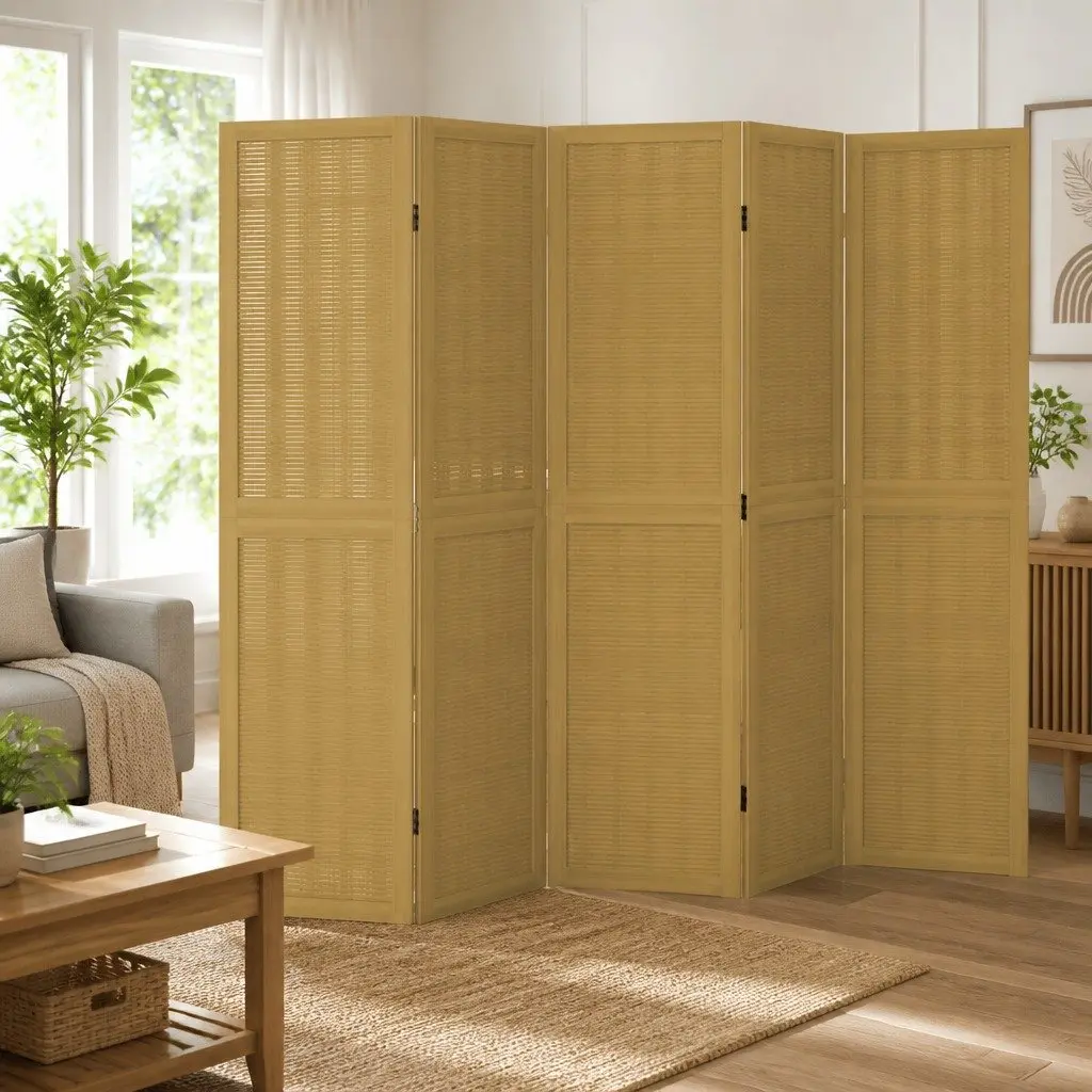 5 Panel Folding Privacy Screen Room Divider Brown Paulownia Wood with Bamboo Strips