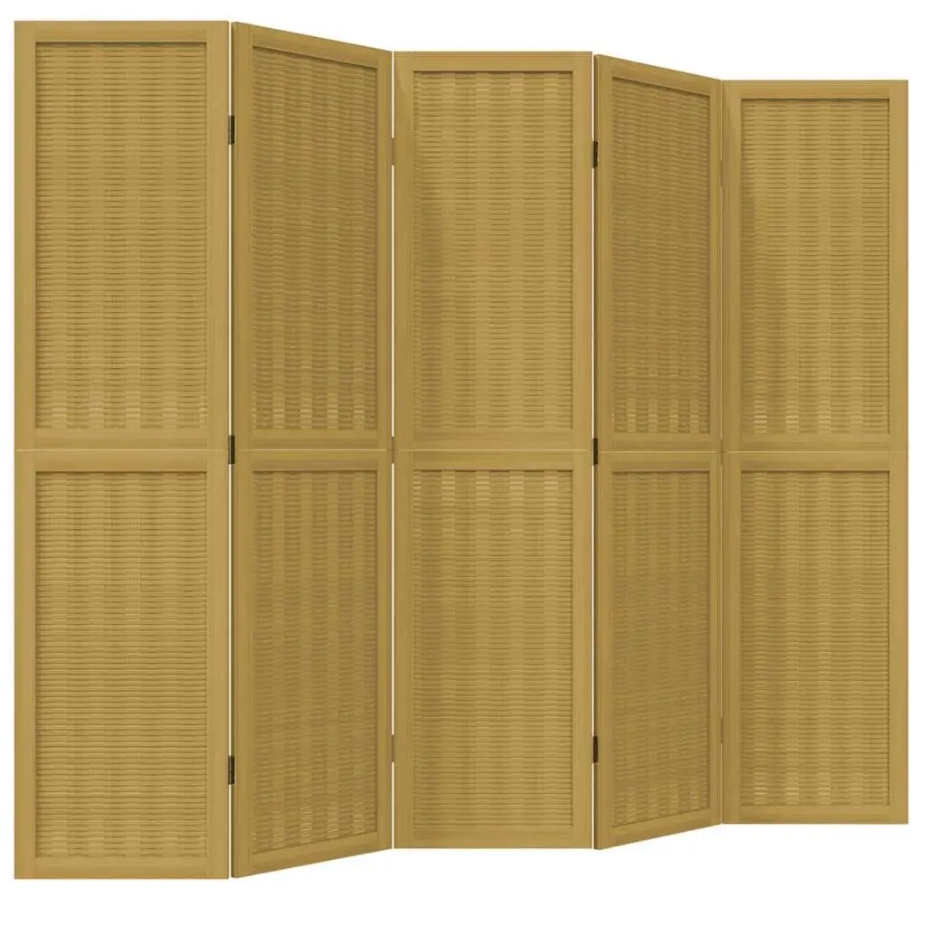 5 Panel Folding Privacy Screen Room Divider Brown Paulownia Wood with Bamboo Strips