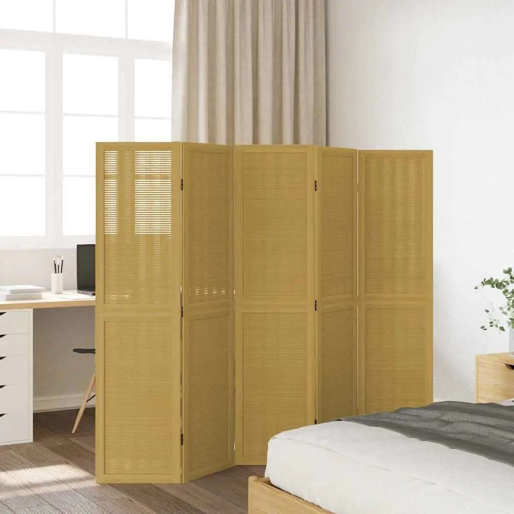 5 Panel Folding Privacy Screen Room Divider Brown Paulownia Wood with Bamboo Strips