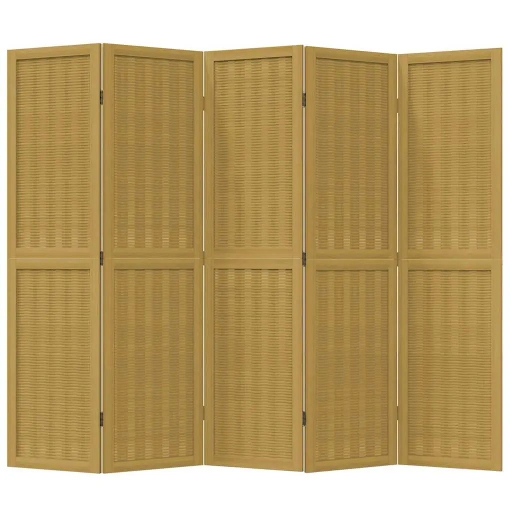 5 Panel Folding Privacy Screen Room Divider Brown Paulownia Wood with Bamboo Strips