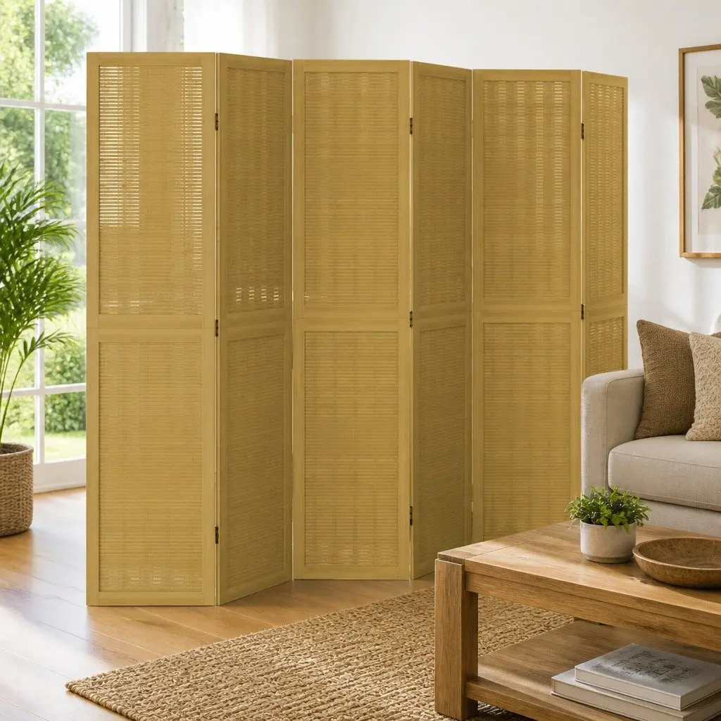 Room Divider Folding Privacy Screen 6 Panels Solid Paulownia Wood Natural Bamboo Strips Brown