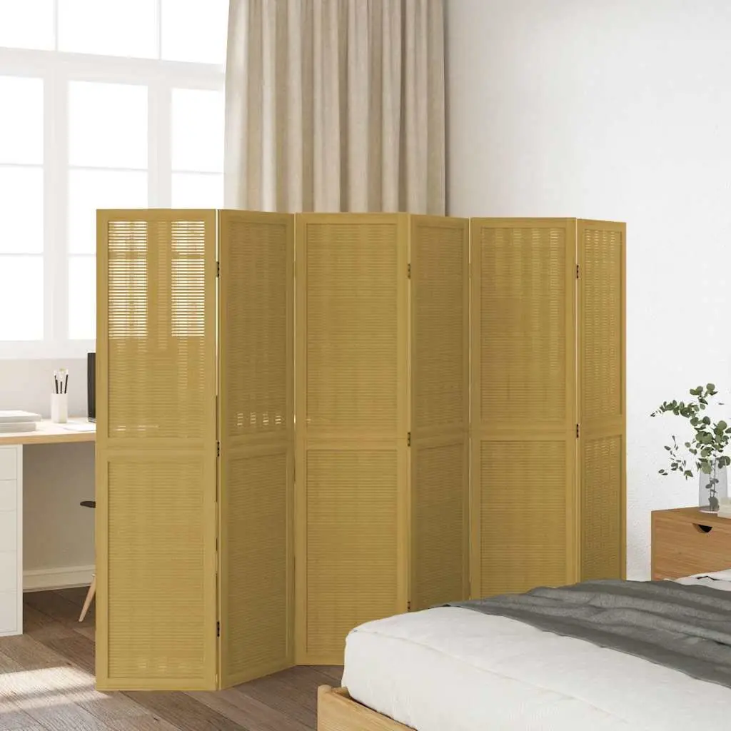Room Divider Folding Privacy Screen 6 Panels Solid Paulownia Wood Natural Bamboo Strips Brown