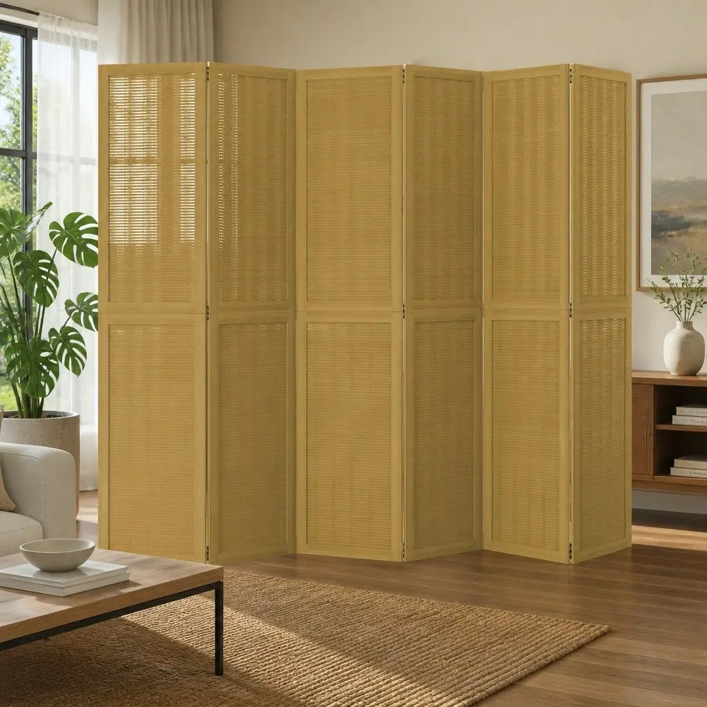 Room Divider Folding Privacy Screen 6 Panels Solid Paulownia Wood Brown Bamboo Indoor