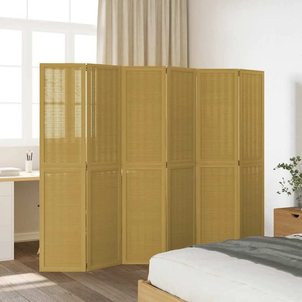 Room Divider Folding Privacy Screen 6 Panels Solid Paulownia Wood Brown Bamboo Indoor