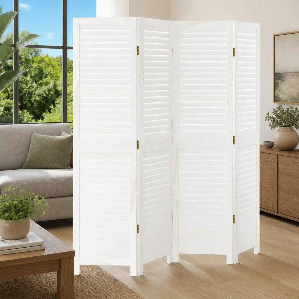 Room Divider Folding Privacy Screen 4 Panels Solid Paulownia Wood White Indoor Partition