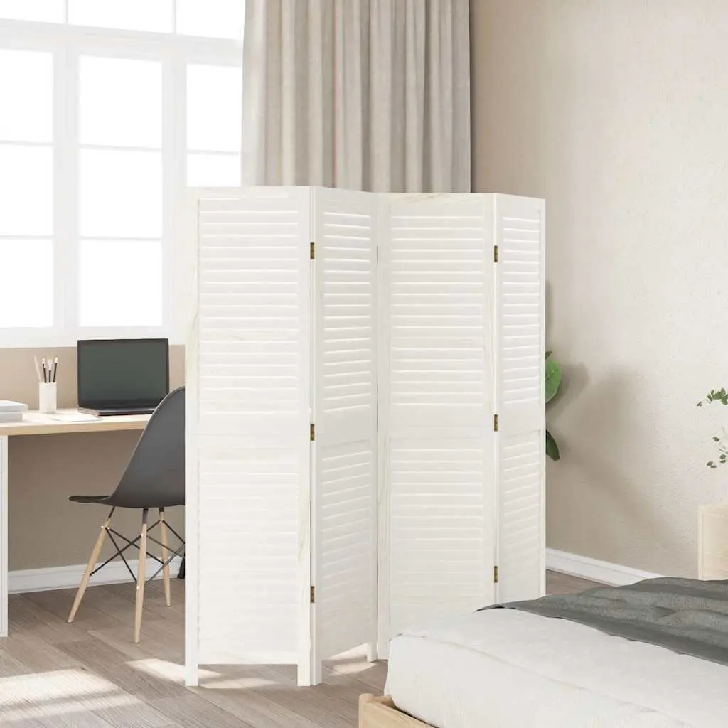 Room Divider Folding Privacy Screen 4 Panels Solid Paulownia Wood White Indoor Partition