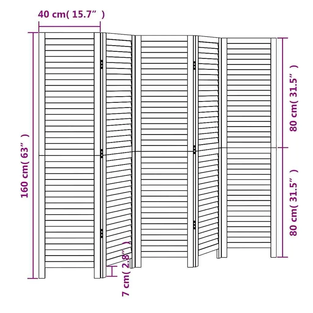 5 Panel Folding Privacy Screen Room Divider White Paulownia Wood for Home Office