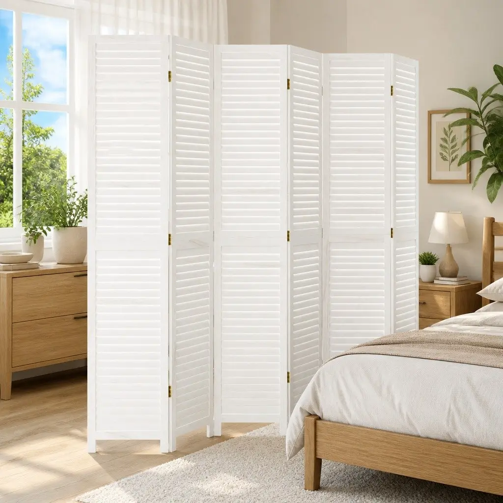 6 Panel Folding Privacy Screen Divider Solid Wood White Partition