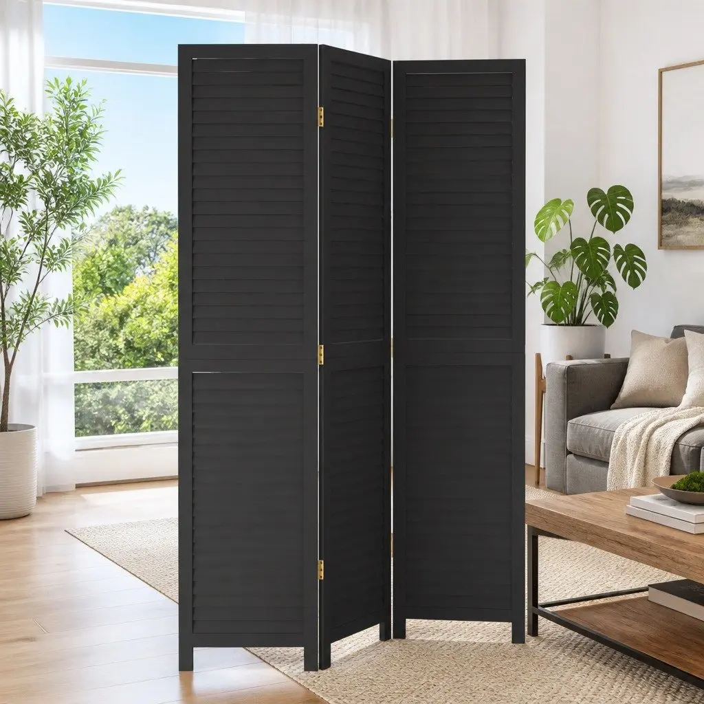 Room Divider Solid Paulownia Wood 3 Panels Black Folding Screen Privacy Partition Indoor