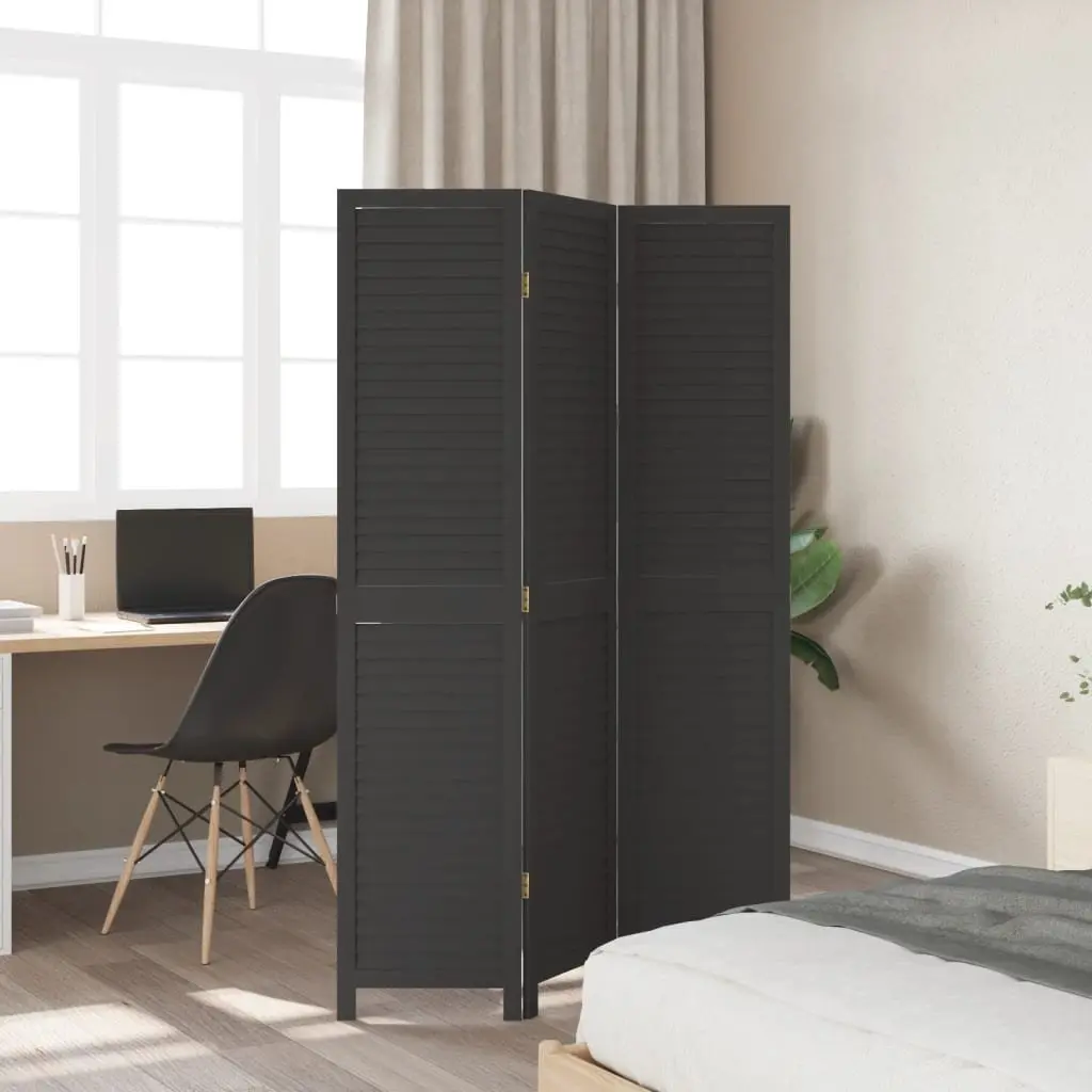 Room Divider Solid Paulownia Wood 3 Panels Black Folding Screen Privacy Partition Indoor