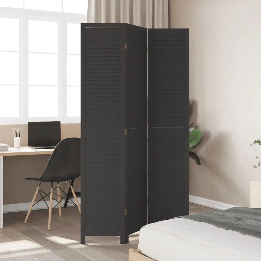 Room Divider Folding Privacy Screen Black Solid Wood 3 Panels Paulownia Indoor