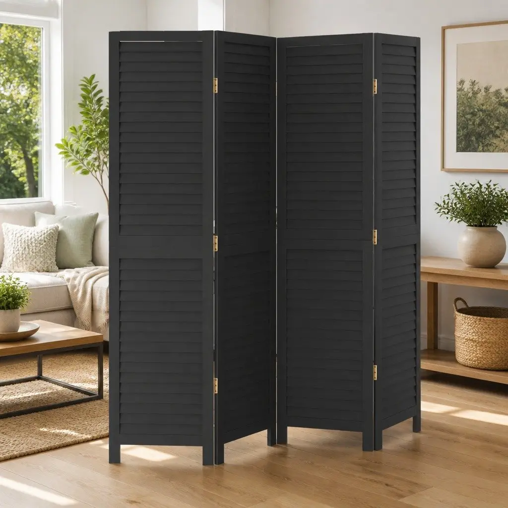 Room Divider 4 Panels Black Solid Wood Paulownia Folding Privacy Screen