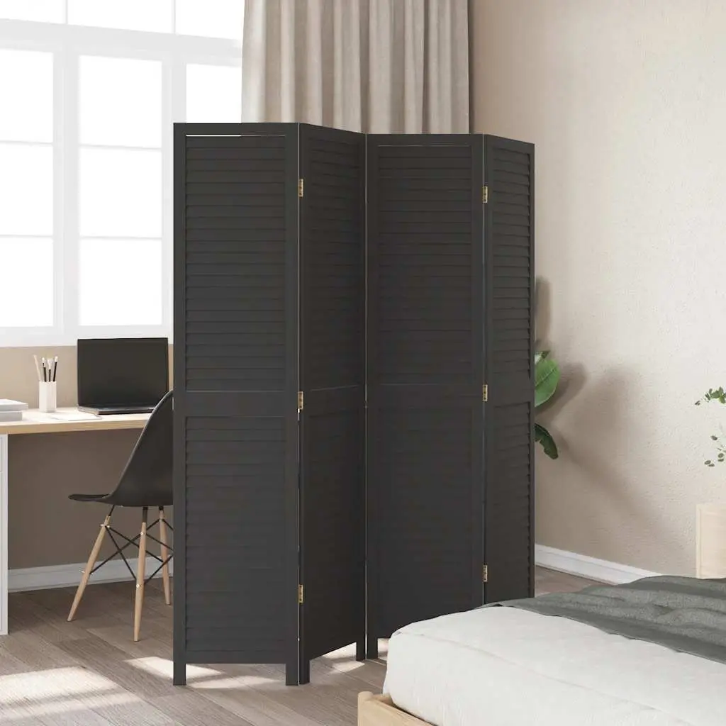 Folding Privacy Screen Black Solid Paulownia Wood 4 Panel Room Divider