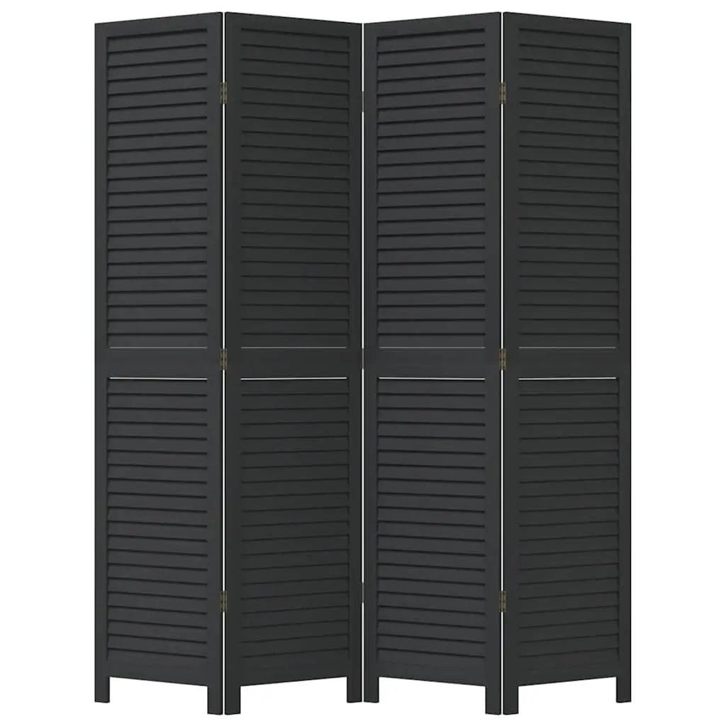 Folding Privacy Screen Black Solid Paulownia Wood 4 Panel Room Divider
