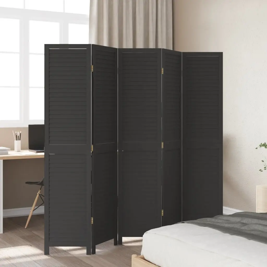 Room Divider Folding Screen 5 Panel Solid Paulownia Wood Black