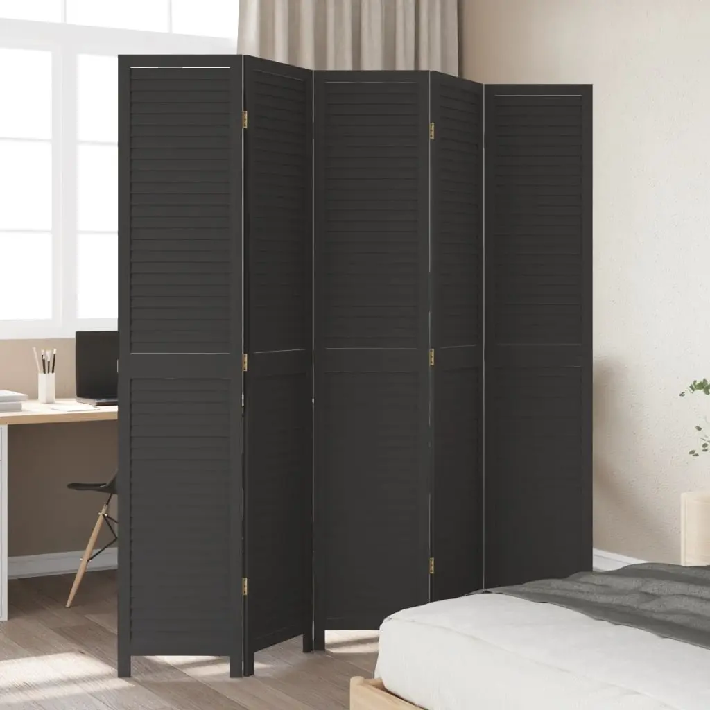Room Divider 5 Panels Black Solid Wood Folding Privacy Screen Partition Home
