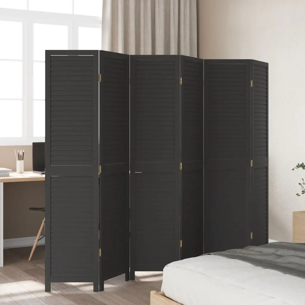 Folding Privacy Screen Six Panels Black Solid Wood Room Divider