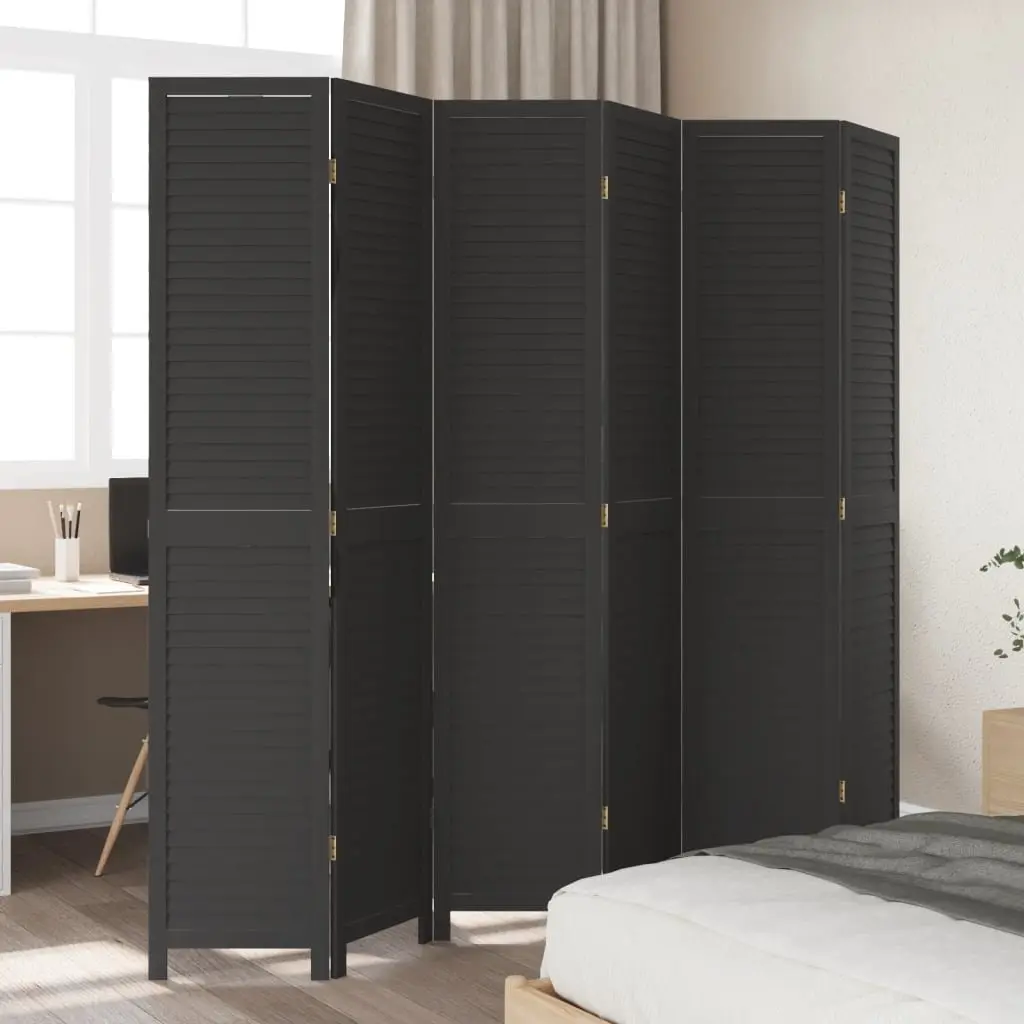 Room Divider Solid Paulownia Wood 6 Panels Black Folding Privacy Screen