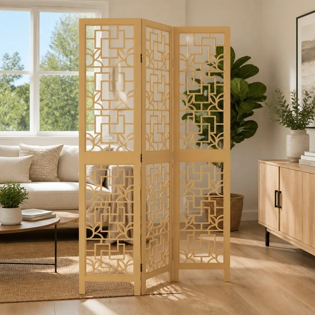 Room Divider Folding Screen 3 Panel Brown Solid Paulownia Wood Privacy Partition