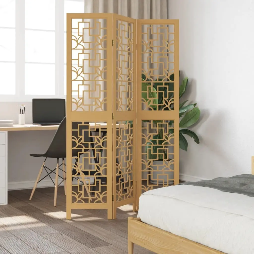 Room Divider Folding Screen 3 Panel Brown Solid Paulownia Wood Privacy Partition