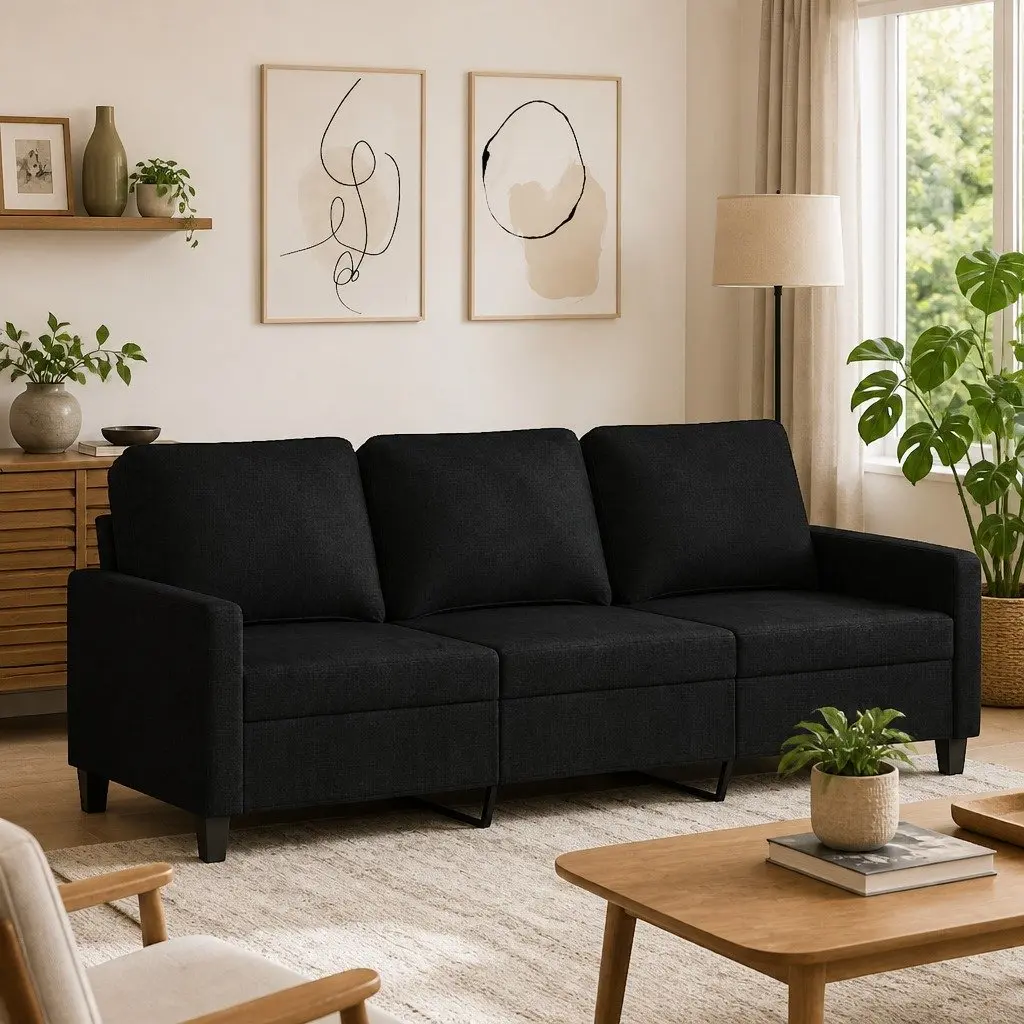 3-Seater Sofa Fabric 180cm Black Living Room Couch