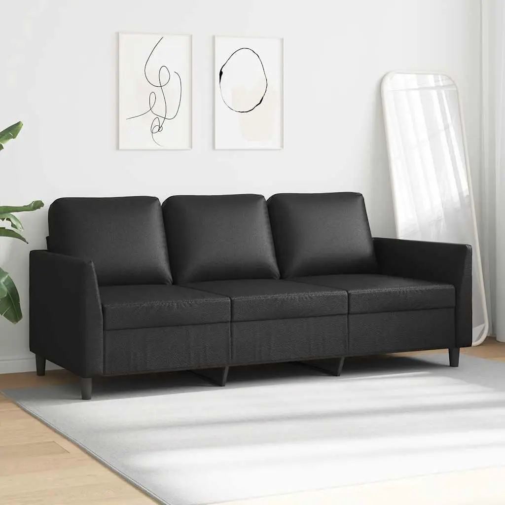 3SeaterCouchFauxLeatherBlack180cmModernLoungeFurniture