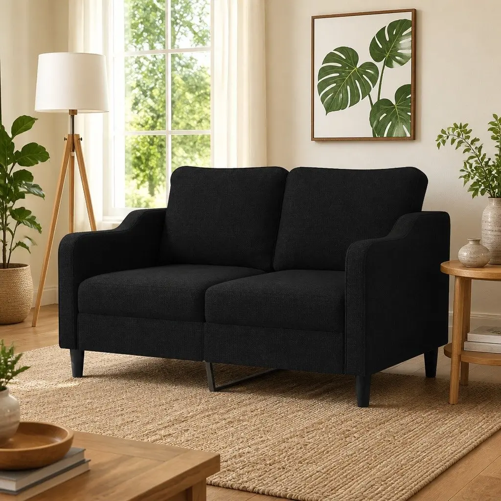 2-Seater Sofa Fabric Upholstered Black 140cm Metal Frame Living Room Couch