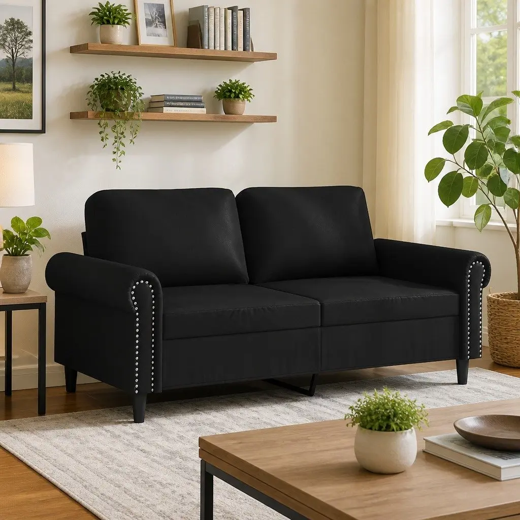 2-Seater Sofa Black 140cm Modern Lounge Couch Faux Leather Seating Furniture