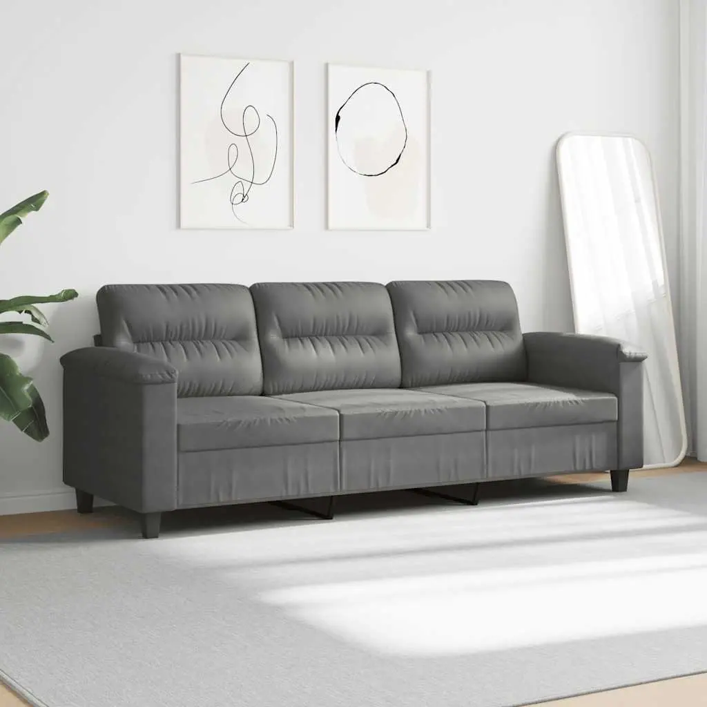 3-Seater Sofa Grey Microfibre Upholstered Lounge Couch Modern Living Room
